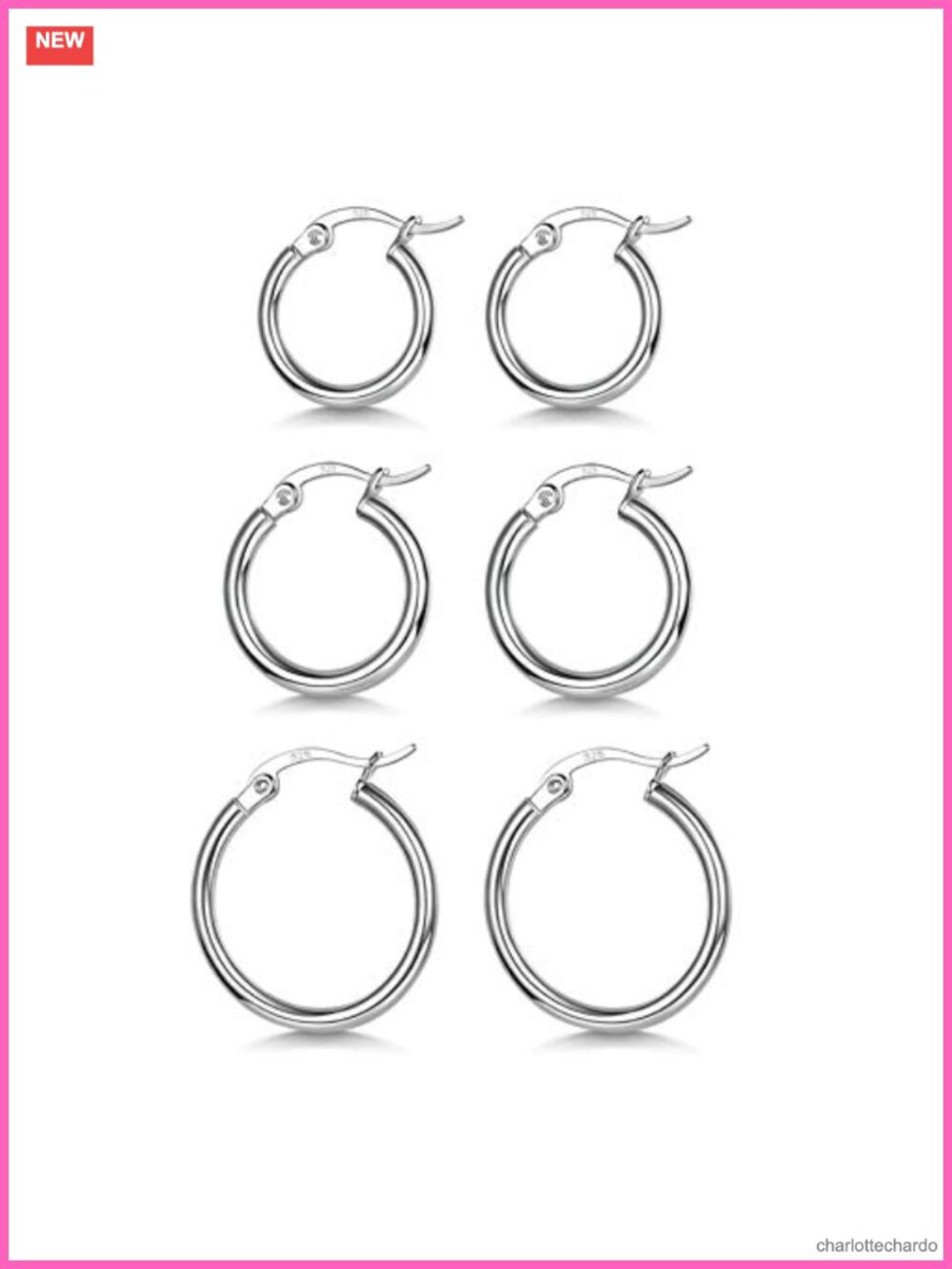 3 Pairs 925 Sterling Silver Hoop Earrings | Small White Gold Plated Post
